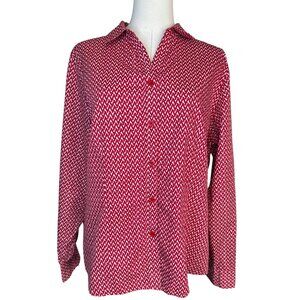 2/$30 Chicos Size 2 Red & White Zigzag Button-Up Shirt Cotton Long Sleeve